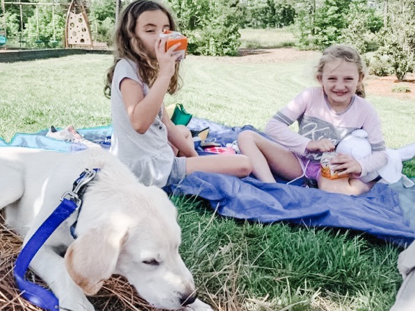 Kids and a dog having a picnic. One of the activities on the Summer Activities to Do with Your Kids list. 