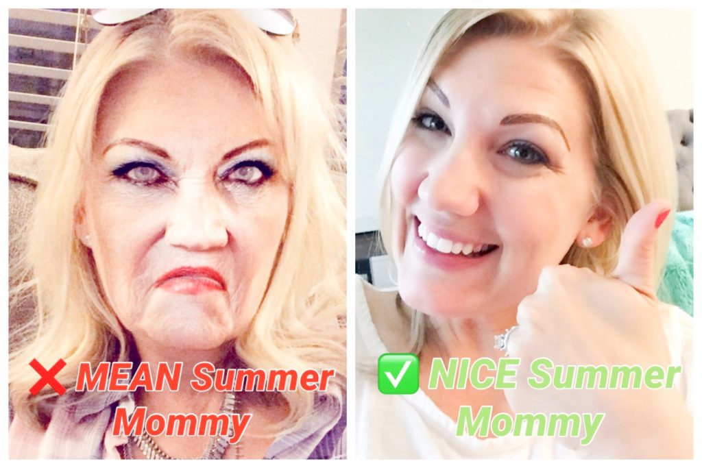 Two photos of a mom. One mean mom who doesn't have activities to do with kids this summer and one nice mom who does have activities to do with kids this summer. 