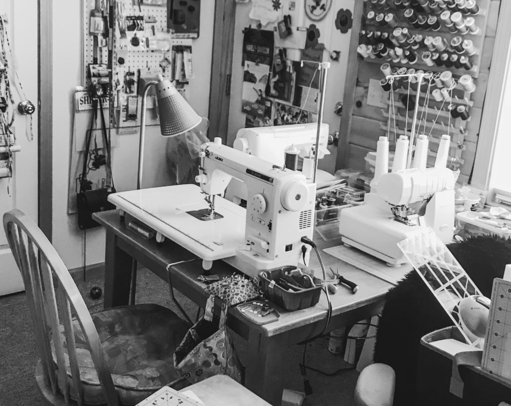 Black and white sewing room